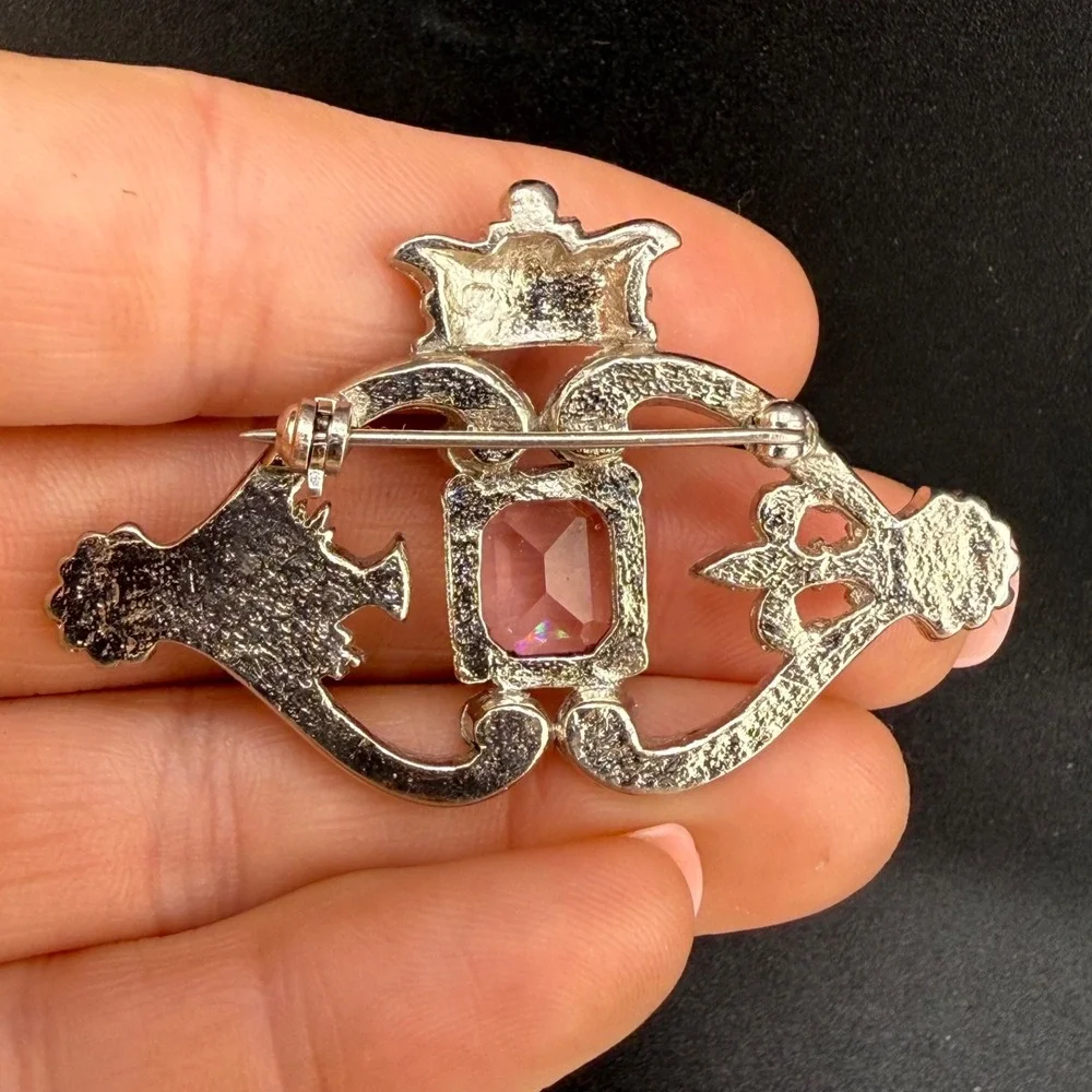 Vintage Scottish Luckenbooth Brooch Rhinestone Thistle Celtic Silver Tone